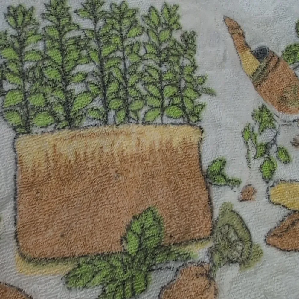 vintage 70s Terry cloth round‎ tablecloth herbs mushroom tablecloth boho